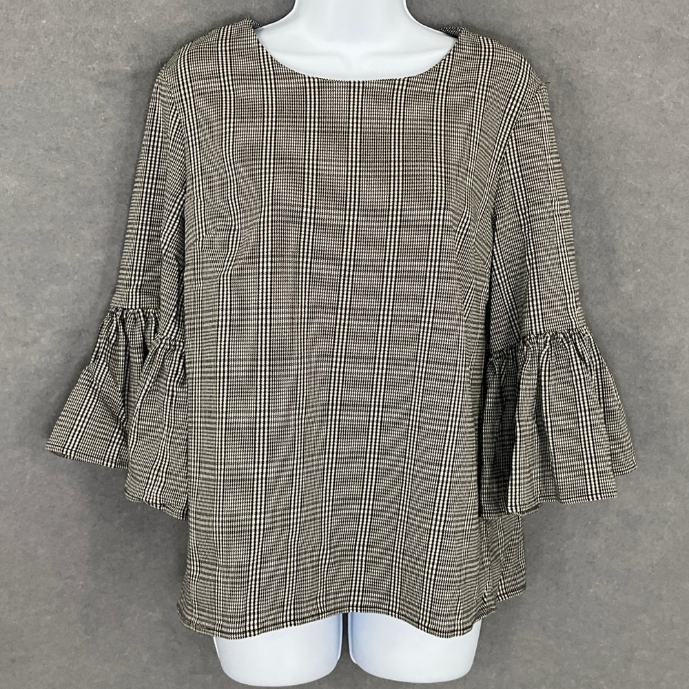 Calvin Klein Womens Sz S Black‎ Plaid Bell Sleeve Blouse Career Office Classic
